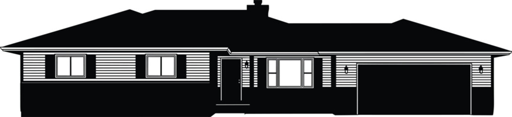 Black and white minimalist architectural silhouette of a ranch style house with a garage and chimney isolated on white background