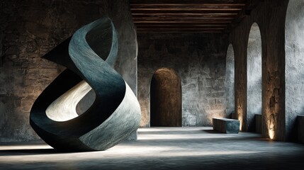 Modern stone sculpture contrasts with historic building interior and arched doorways during the daytime in a hall with plants