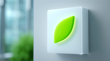 Green leaf icon on a modern square sign with soft office blur, concept of sustainability, eco tech, renewable energy, corporate responsibility, clean design, and environmental branding.