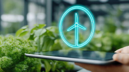 Hand using tablet near fresh green plants with a glowing wind turbine icon overlay, representing smart agriculture, renewable energy, ESG innovation, and eco-friendly business.
