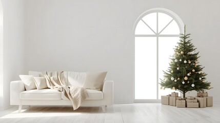 Modern minimalist living room interior with a decorated Christmas tree and gifts cozy sofa with blankets bright arched window festive holiday home decor clean white space for copy