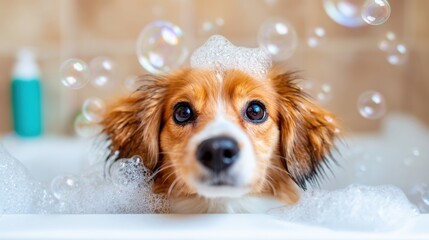 Dog takes bath and plays with bubbles in a bathtub at home
