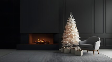 Elegant minimalist Christmas tree with festive gifts beside a modern fireplace creating a cozy and luxurious holiday scene perfect for seasonal greetings and interior design concepts