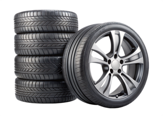 Stack of car tires and alloy wheel isolated on a transparent background automotive