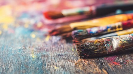 Fototapeta premium Creative tools lay on a wooden table covered in colorful paint splatters