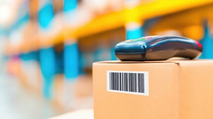 Scan device on cardboard box in storage area during work hours