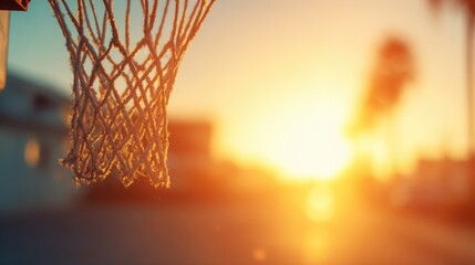 Basketball hoop at sunset on a warm evening near the court