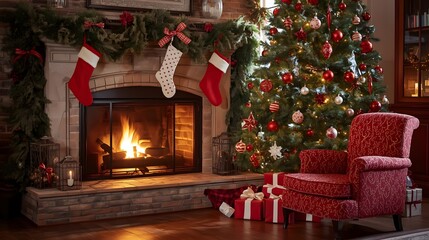 Cozy Christmas living room scene with a roaring fireplace decorated Christmas tree with ornaments stockings hung by the chimney and gift boxes evoking warmth and holiday cheer for festive celebrations