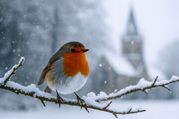 European Robin Perched on Snowy Branch in Winter with Church in Background
