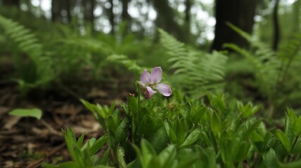 Delicate pink corydalis ambigua flower blooms amidst lush green foliage, creating a tranquil scene in a sun dappled forest setting, captured in a detail rich botanical