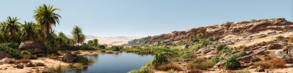 Fototapeta premium Serene oasis in arid desert with lush palm trees and tranquil water pool