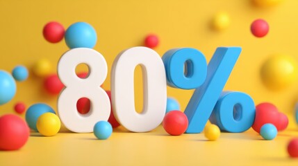 Naklejka premium Colorful balls surround large numbers showing eighty percent in a bright space