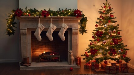 Christmas fireplace with decorated tree and hanging stockings in warm cozy lighting for home decor
