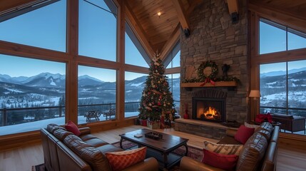 Cozy mountain lodge living room with Christmas tree and fireplace in warm golden lighting for luxury vacation rental