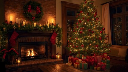 Christmas tree with presents by fireplace in cozy living room with warm lighting for holiday decor