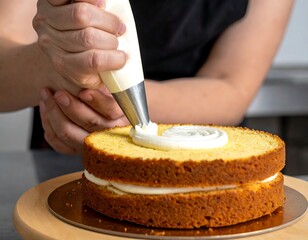 Baker piping cream onto cake layers
