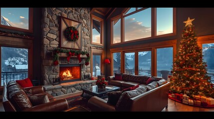 Cozy living room with Christmas tree and fireplace in warm golden lighting on wooden floor for holiday decor