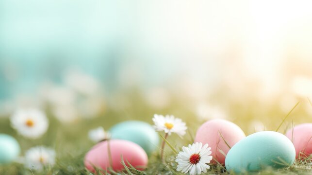 Colorful eggs and flowers on grass during springtime celebration near sunlight