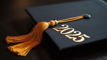 Close up of a 2025 graduation cap with gold tassels on a dark background, symbolizing academic success and future achievements