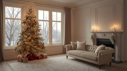Cozy living room decorated for Christmas with a beautifully lit tree and gifts a plush sofa and a fireplace with stockings creating a warm and inviting holiday atmosphere for winter celebrations and f