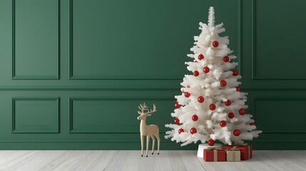 A minimalist white Christmas tree adorned with red baubles and gift boxes at its base standing beside a wooden reindeer decoration against a dark green paneled wall creating a festive holiday scene pe