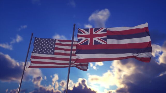 American and Hawaiian Flags Waving in the Wind Against a Dramatic Sky