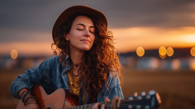 Female country musician playing acoustic guitar at an outdoor festival during sunset, live music performance, freedom, creativity and summer atmosphere - Powered by Adobe