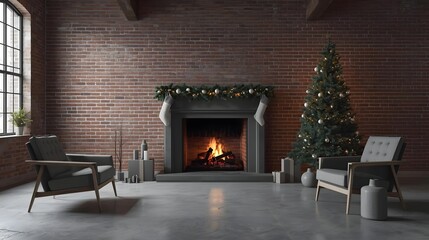 Cozy fireplace with Christmas tree in modern loft interior with warm lighting for home decor