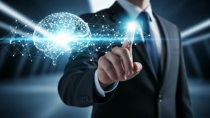Businessman interacting with futuristic digital brain interface - Powered by Adobe