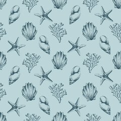 Fototapeta premium Seamless hand-drawn pattern with seashells, corals, and starfish. Ocean life background. Underwater sketch for textile, fabric, wrap, summer design. Outline graphic illustration on a blue background