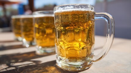 Cheers with cold beer in clear glasses on a sunny day outdoors