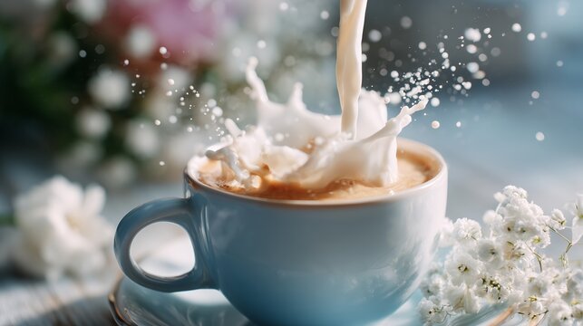 Coffee cup with milk splash and flowers on table in bright setting