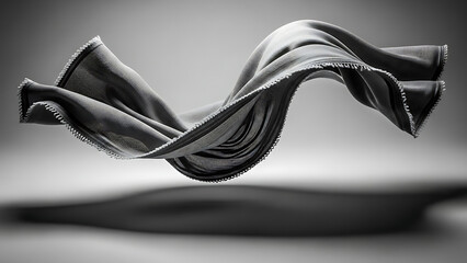 Elegant black fabric gracefully flowing and swirling in a dramatic, moody studio lighting, creating abstract artistic shapes