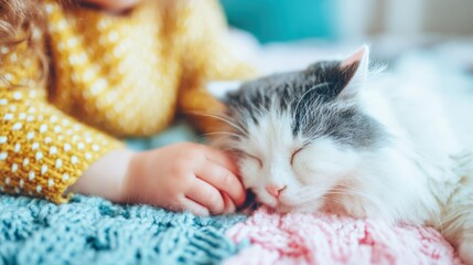 Girl cuddles cat on a blanket during playtime at home in morning