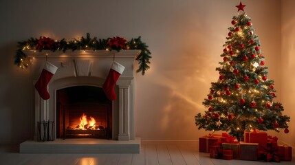 Cozy Christmas scene with a glowing fireplace adorned with stockings and a beautifully decorated tree with presents underneath perfect for holiday greetings and winter season promotions