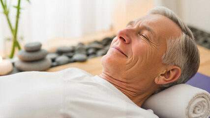 Elderly man lying in a relaxation pose with a calm expression indoors  