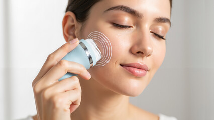 Woman using a silicone facial cleansing brush in a bright bathroom