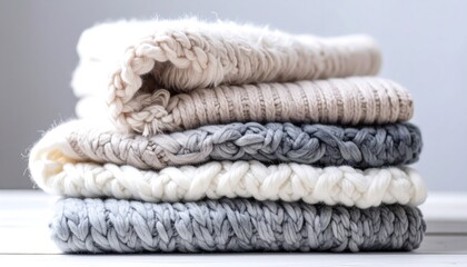 Knitted sweaters stacked