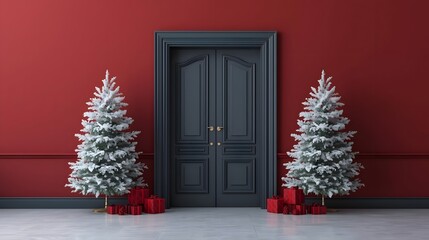 Elegant dark gray double doors stand open flanked by two snow-covered Christmas trees with red gift boxes at their bases set against a rich red wall creating a festive holiday entrance scene for seaso