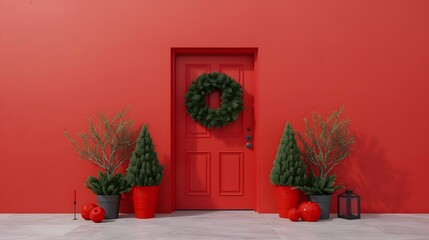Festive red front door decorated with a lush green Christmas wreath flanked by potted evergreen trees and ornamental plants creating a welcoming holiday entrance for winter celebrations isolated on a 