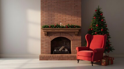 Cozy Christmas scene with a decorated evergreen tree and a plush red armchair next to a brick fireplace perfect for holiday greetings winter home decor and festive seasonal advertising