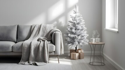 Cozy modern living room with a minimalist white Christmas tree soft grey sofa draped with a warm blanket and festive gift boxes creating a serene holiday atmosphere for winter decor and seasonal promo