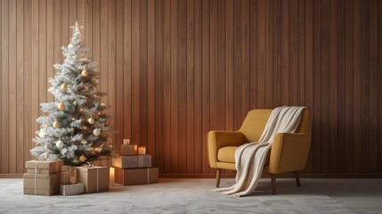 Festive Christmas tree decorated with ornaments and lights surrounded by gift boxes and candles next to a cozy armchair with a blanket creating a warm holiday atmosphere for winter celebrations and ho
