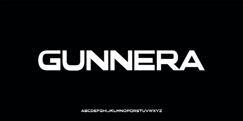 Vector illustration of a modern and bold style alphabet letter display with geometric letter shapes, wide proportions, and clean and precise angles.