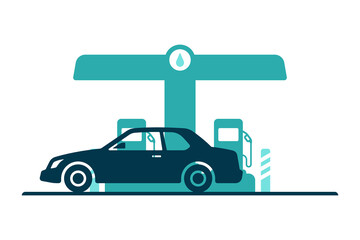 Car at a gas station. Colored silhouette. Front and side view. Vector simple flat graphic illustration. Isolated object on a white background.