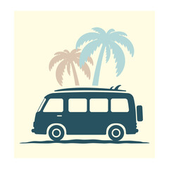 Camper, surfboard, and palm trees. Colored silhouette. Front and side view. Vector simple flat graphic illustration. Isolated object on a white background.