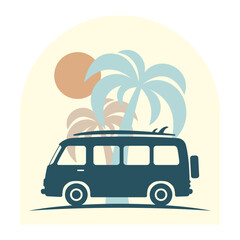 Camper, surfboard, and palm trees. Colored silhouette. Front and side view. Vector simple flat graphic illustration. Isolated object on a white background.