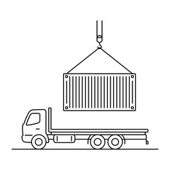 Loading a container onto a truck. Black outline line silhouette. Editable strokes. Side view. Vector simple flat graphic illustration. Isolated object on a white background.
