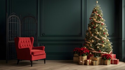 Elegant Christmas tree decorated with ornaments and golden ribbons surrounded by poinsettias and gift boxes with a plush red armchair in a luxurious room perfect for holiday marketing and festive gree