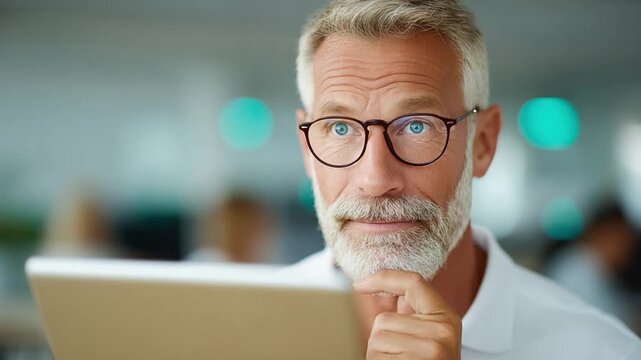 Focused Contemplation: An elegant, experienced man with glasses and a touch of gray, engrossed in using a tablet, deep in thought, demonstrating a wise look.